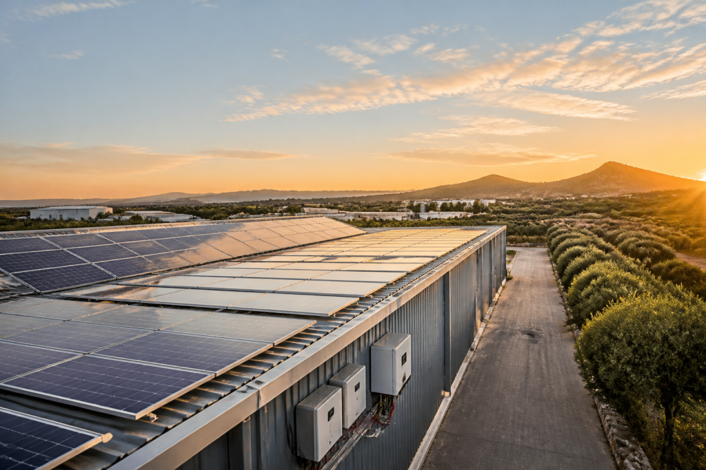 Instalación de paneles solares fotovoltaicos en tejado residencial en Alicante bajo cielo despejado.